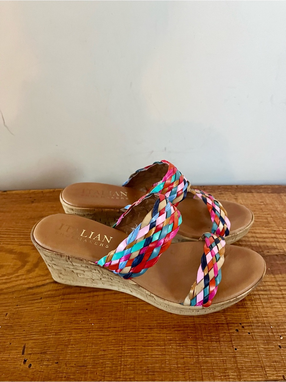 Italian Shoemakers Multicolor Braided Strap Wedge Sandals